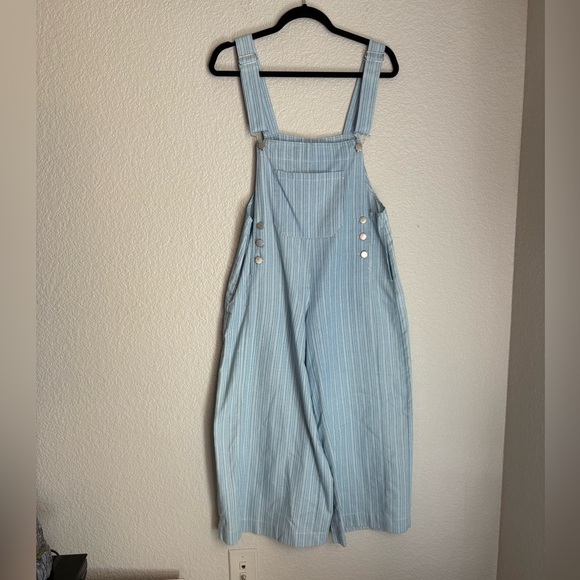 Uniq Overalls Jumpsuit Cotton Casual Woman Small Light Blue Striped Wide Leg - Picture 1 of 8